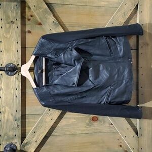 ALFANI FAUX LEATHER BLACK JACKET MATERIAL STRETCH SLEEVES CLASSIC Moto Grunge